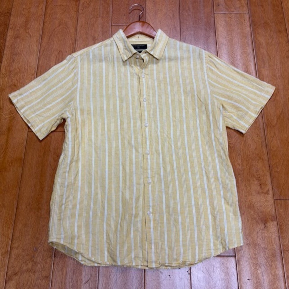 Banana Republic Linen Mens Slim Fit Shirt Size M Yellow Striped Casual Preppy
